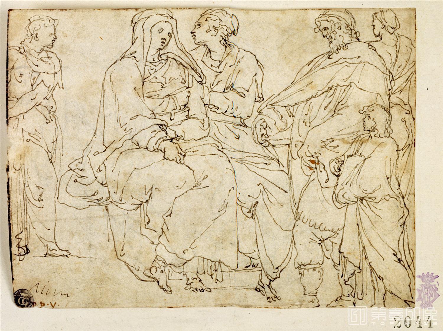 素描-西班牙普拉多美术馆素描藏画-Perino del Vaga-Estudios de una joven recostada sosteniendo una urna-1508